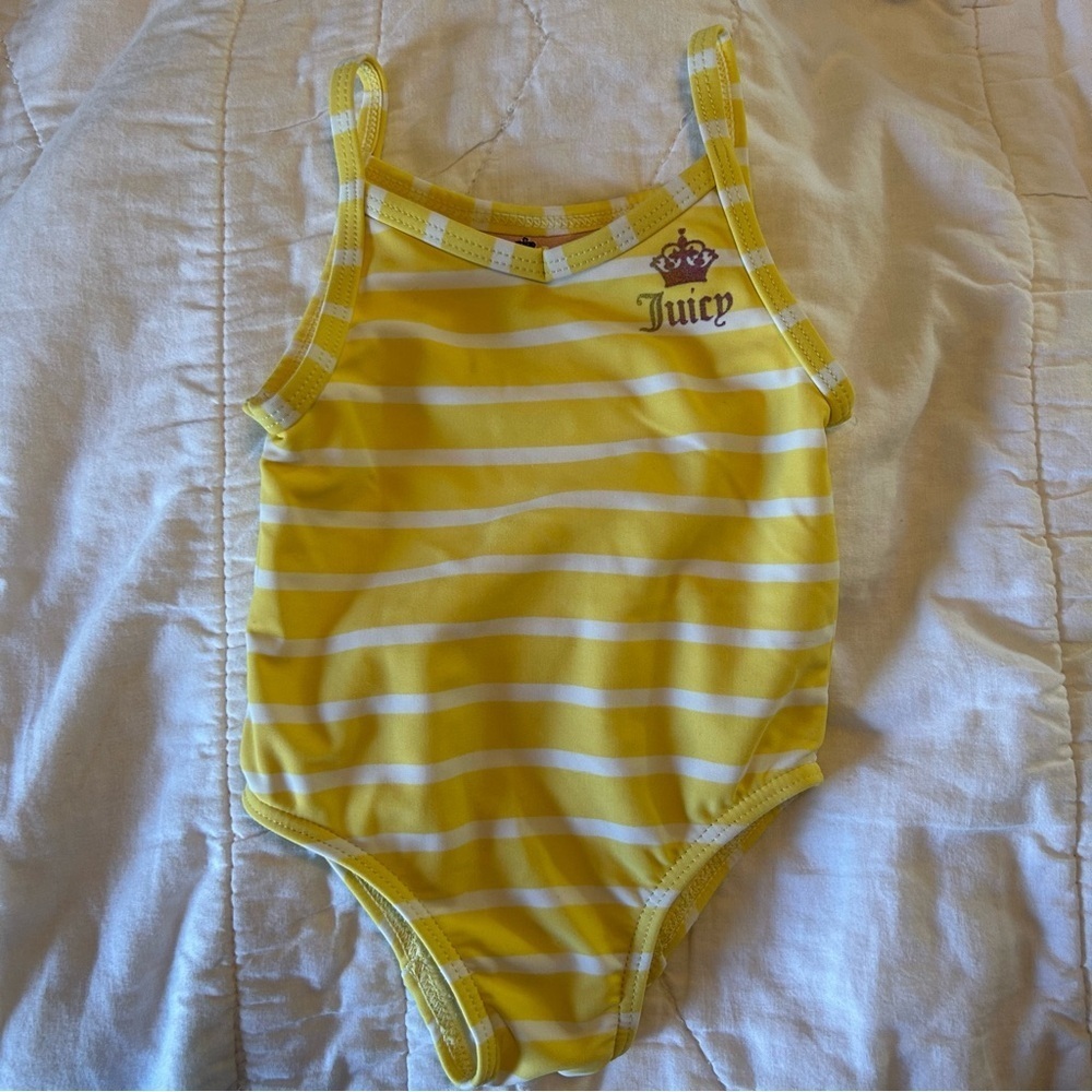 Juicy Couture Beach Baby Yellow Striped 1 Piece Swim Suit Swimwear Sz 3-6 Mo